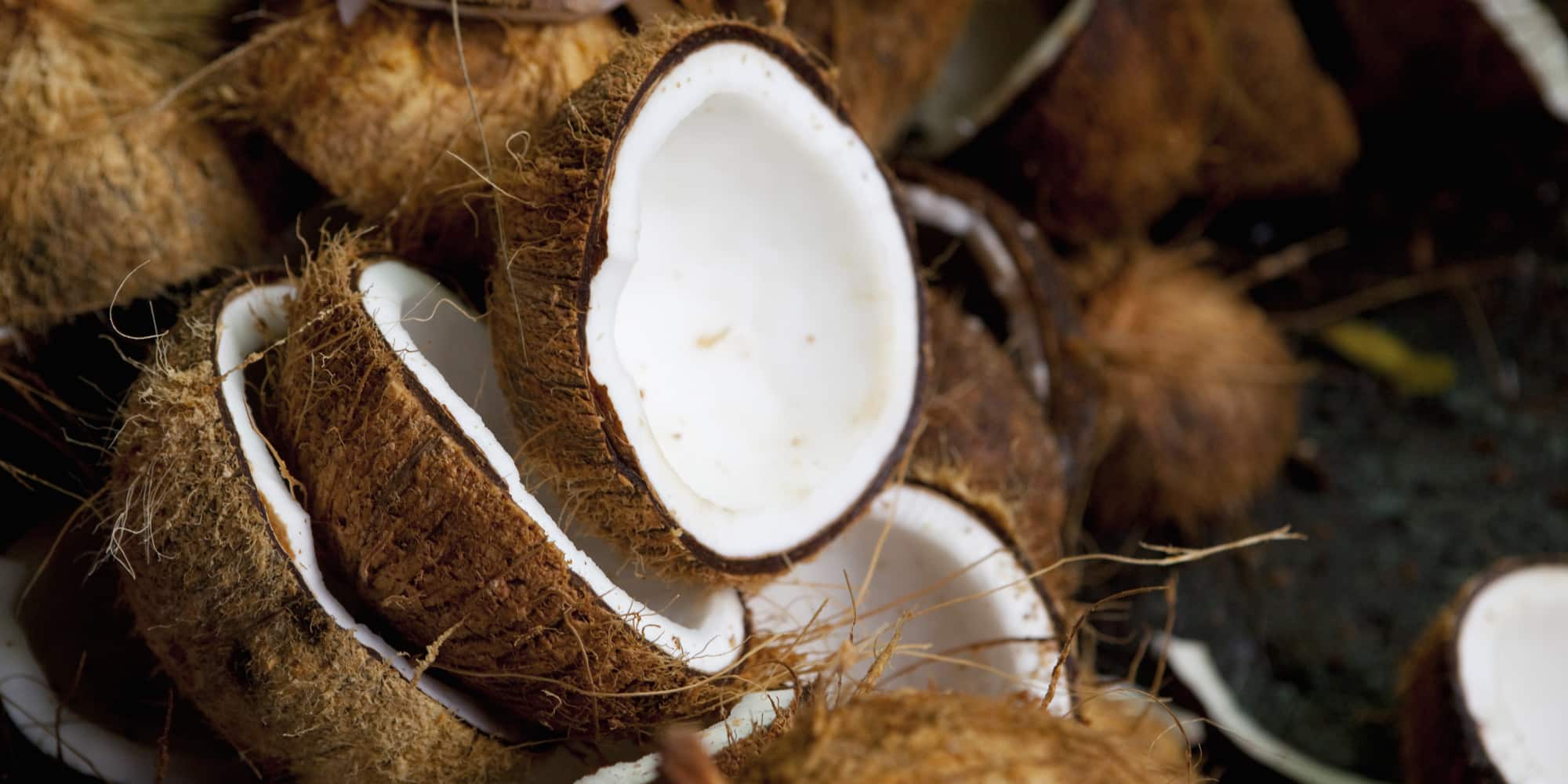 Close up of halved coconuts